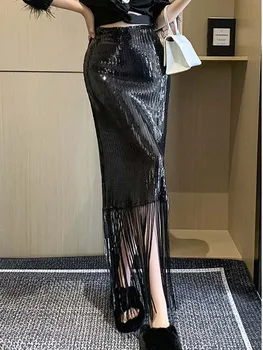 Повседневная эластичная юбка-полукомбинезон с высокой талией, юбка-полукомбинезон с блестками и кисточками 2023, осенняя новая модная женская одежда