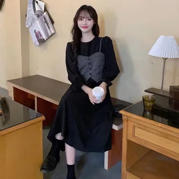 Поддельный комплект маленьких черных платьев из двух частей для женщин, Япония, Южная Корея, повседневный студенческий комплект свободного кроя с длинными рукавами и высокой талией