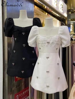 Новое летнее платье с бантом и бриллиантами во французском стиле 2023, женское Короткое платье с квадратным воротником, приталенное Роскошное Черное вечернее платье, облегающее фигуру