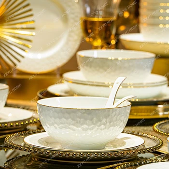 Посуда Высококачественная Керамическая Посуда Комбинация Тарелок Чистый Белый Цвет С Золотой Отделкой Чаша из костяного Фарфора и Набор Посуды Бытовая Легкая Роскошь