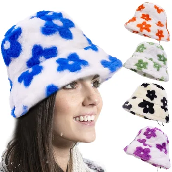 Цветочная Плюшевая Рыбацкая шапка, Осень-зима, женская Уличная Ветрозащитная Теплая Толстая Вязаная Шапка, Дорожные Пушистые шляпы-козырьки