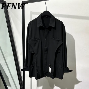 PFNW Darkwear Черный нишевый дизайн Неправильная строчка Свободный крой Рубашка с длинным рукавом Популярная функциональная одежда в стиле техно панк Топы 12Z4332