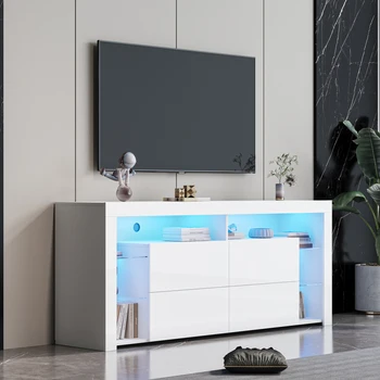 Белый современный шкаф для телевизора со светодиодной подсветкой с выдвижными ящиками для хранения, 4 шкафа для хранения с открытыми полками для гостиной, спальни