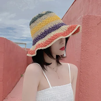 Радужная соломенная шляпа ручной работы, складная шляпа с зонтиком, женская винтажная пляжная соломенная шляпа, летняя солнцезащитная шляпа-ведро с большими полями.