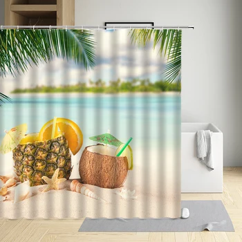 Летний Белый песчаный пляж, занавеска для душа, океан, ананас, пальма, апельсин, кокосовая пальма, морская звезда, ткань, декор для ванной, ширма для ванны