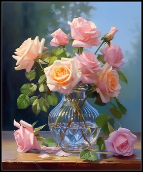 Наборы для вышивания счетным крестом Рукоделие - Crafts 14 КАРАТ DMC Color DIY Arts Декор ручной работы - Розовые розы в вазе 5