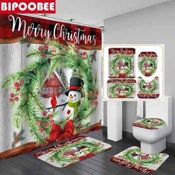 Комплект штор для душа с Рождеством, Милые коврики для ванной в виде снеговика, Праздничные украшения, Занавески для ванной, Рождественские нескользящие коврики, Крышка унитаза
