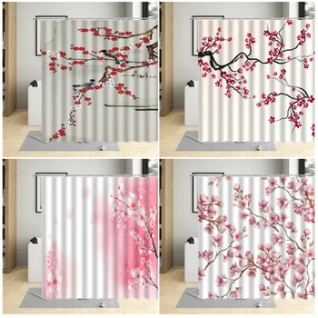 Занавеска для душа в китайском стиле с красными чернилами в виде сливы, розовой вишни, цветочного узора в виде птиц, декор для ванной комнаты, комплекты штор из полиэстера