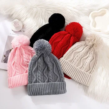 Детская осенне-зимняя теплая вязаная шапочка с комочками шерсти, защищающая от холодного ветра, утолщенная детская шерстяная шапочка