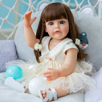 СЭНДИ 55 см Силиконовая Возрожденная кукла для малышей Сью-Сью, ручная роспись с коричневыми длинными волосами в парике для детского Рождественского подарка