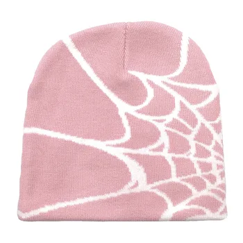 Розовая жаккардовая вязаная шапка с паутиной, мужская и женская термошлемка, мультяшная зимняя шапка от холода