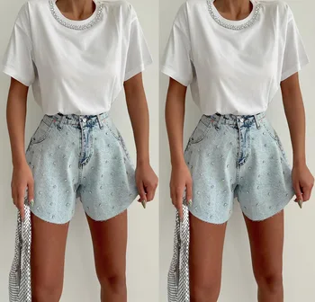 Широкие Короткие брюки, новинка 2023, летние женские джинсовые шорты с высокой талией, винтажная уличная одежда с бриллиантами