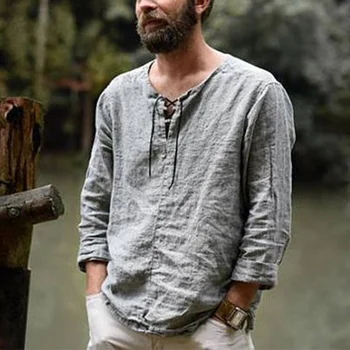 Весенне-осенняя мужская однотонная рубашка с длинным рукавом из хлопка и пеньки на шнурке, социальные рубашки