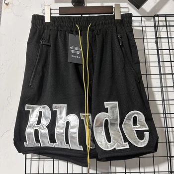RHUDE Со светоотражающим буквенным логотипом 1:1, пляжные шорты с завязками, мужские и женские дышащие брюки в стиле пэчворк из сетчатой ткани Arriva, высокое качество