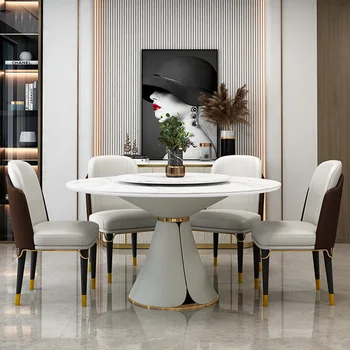 Обеденный стол из итальянского камня Передвижная кухонная комбинация Мраморный Круглый обеденный стол с поворотным столом Роскошная гостиничная мебель
