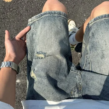 Мужские джинсовые шорты с перфорацией на лето 2023, новые американские винтажные выстиранные брюки, свободные модные капри с прямыми штанинами от бренда