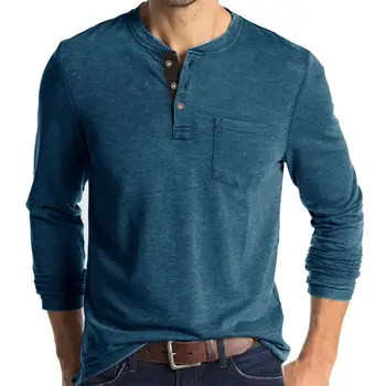 Мужские футболки с воротником Хенли и длинными рукавами, однотонный повседневный топ, однобортная футболка с карманом, мягкая удобная осенняя рубашка снизу