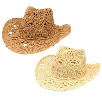 Летняя ковбойская соломенная шляпа для пастушки, открытая тканая шляпа с широкими полями, Солнцезащитная шляпа для мужчин и женщин
