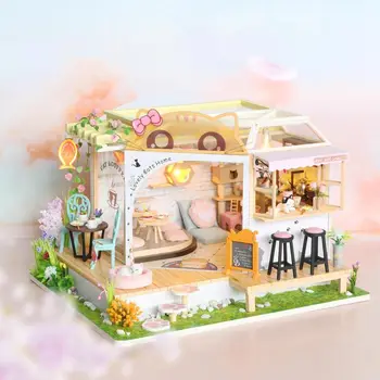 DIY Деревянные Кукольные Домики Cat Coffee Backyard Princess Casa Миниатюрные Строительные Наборы Ручной Работы с Мебелью Кукольный Домик Игрушки Для Девочек