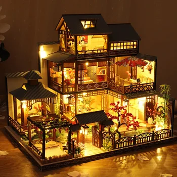 Японская вилла на третьем этаже Big Casa Деревянный кукольный дом Миниатюрные конструкторы Кукольный домик с мебелью Игрушки для внутреннего двора Sakura