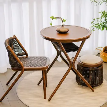 Балконный стол и стул из ротанга, орех, Простой Ретро-китайский стиль, сочетание бара для отдыха, Чайный столик для хранения на открытом воздухе, табурет из ротанга