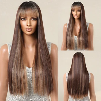 Длинный прямой парик из синтетических волос смешанного каштанового цвета со светлой челкой для чернокожих женщин, парики для вечеринок, повседневные парики, термостойкие