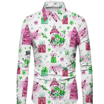 Новая мужская рубашка в стиле рождественской вечеринки, рубашка с HD принтом в виде снежинки, топы с длинным рукавом и пуговицами, мужская новогодняя рождественская рубашка 6XL