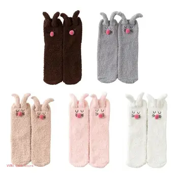 Женские Зимние Носки-тапочки из микрофибры с мультяшной вышивкой и 3D Кроличьими ушками, Толстые Чулочно-носочные изделия для сна на теплый пол